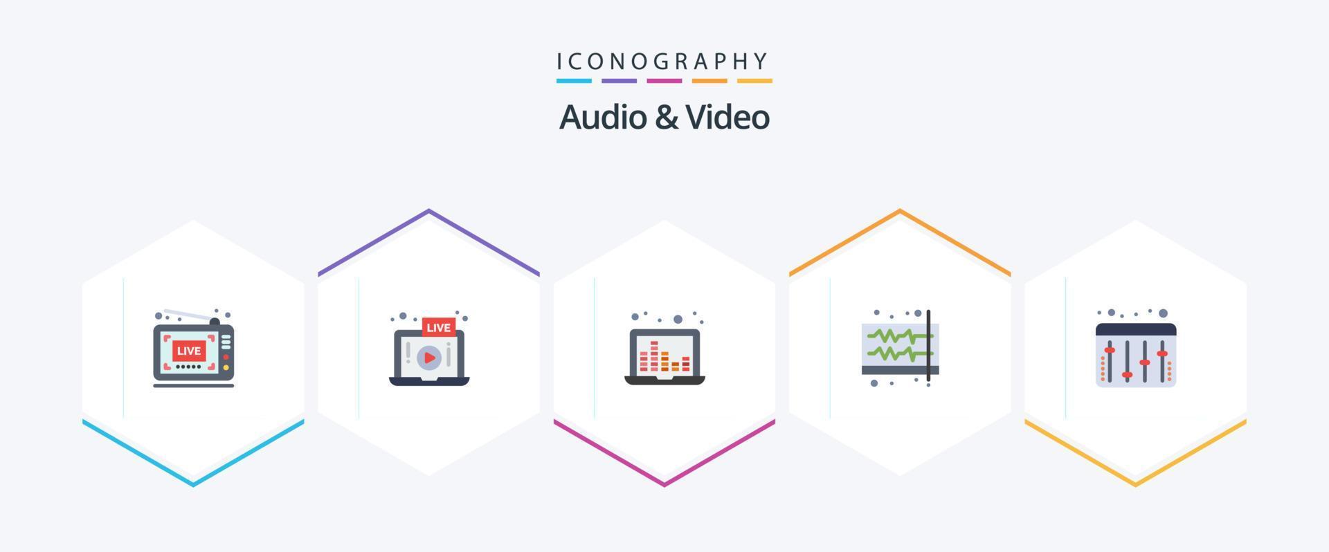 audio en video 25 vlak icoon pak inclusief aanpassing. volume. laptop. geluid. audio vector