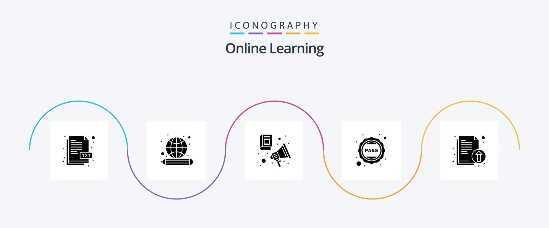 online aan het leren glyph 5 icoon pak inclusief documenten. Universiteit. audio boek. school. insigne vector