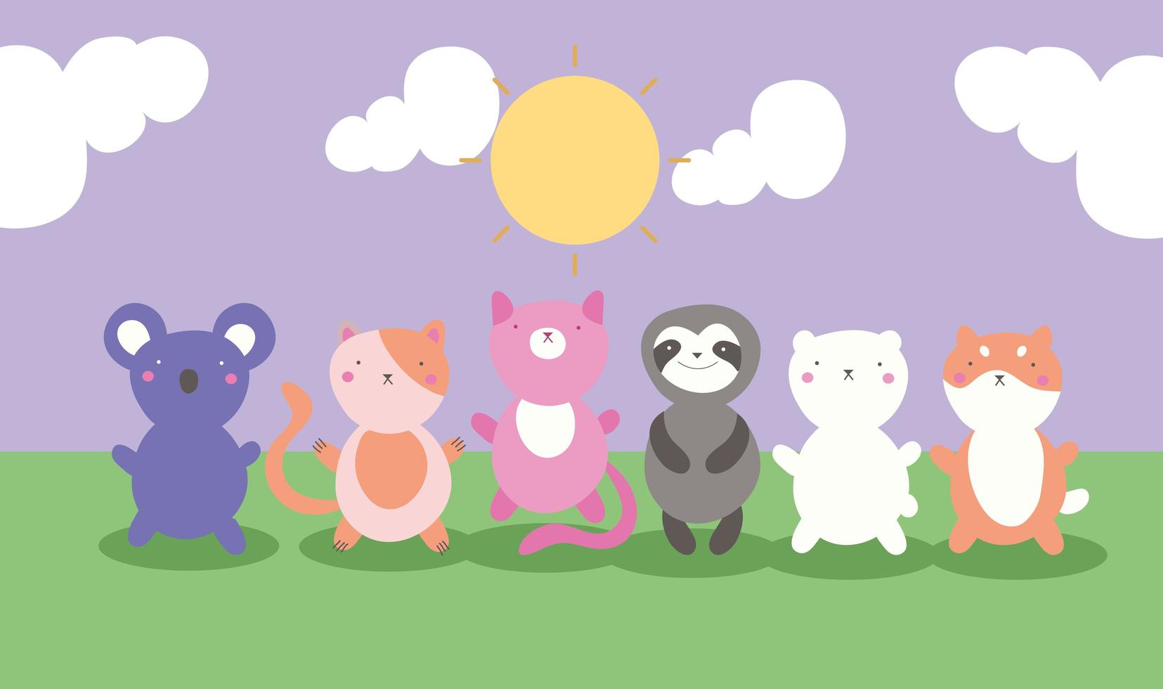 schattige kleine dieren in het veld, kawaiikarakters vector