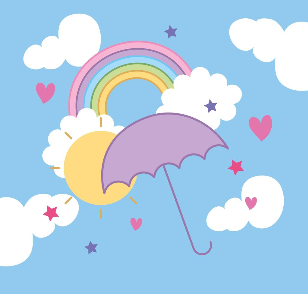 regenboog met zon en paraplu kawaiistijl vector