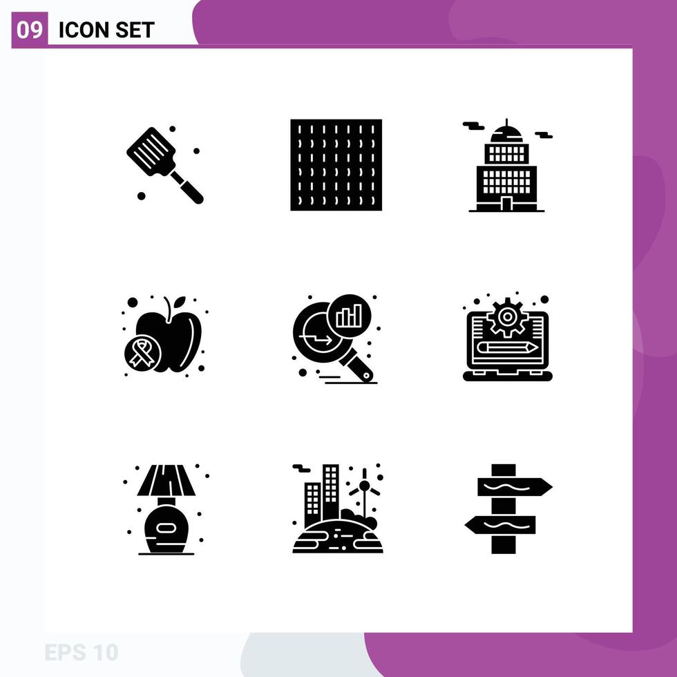 9 solide glyph concept voor websites mobiel en apps diagram analyse voedsel toediening welzijn appel bewerkbare vector ontwerp elementen