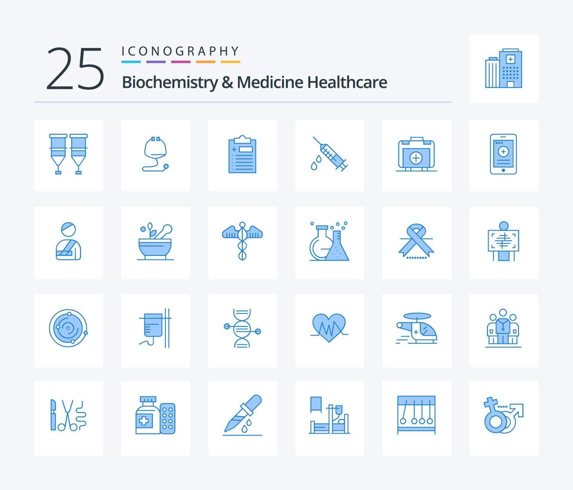 biochemie en geneeskunde gezondheidszorg 25 blauw kleur icoon pak inclusief handtas. medisch. stethoscoop. injectie. geneeskunde vector