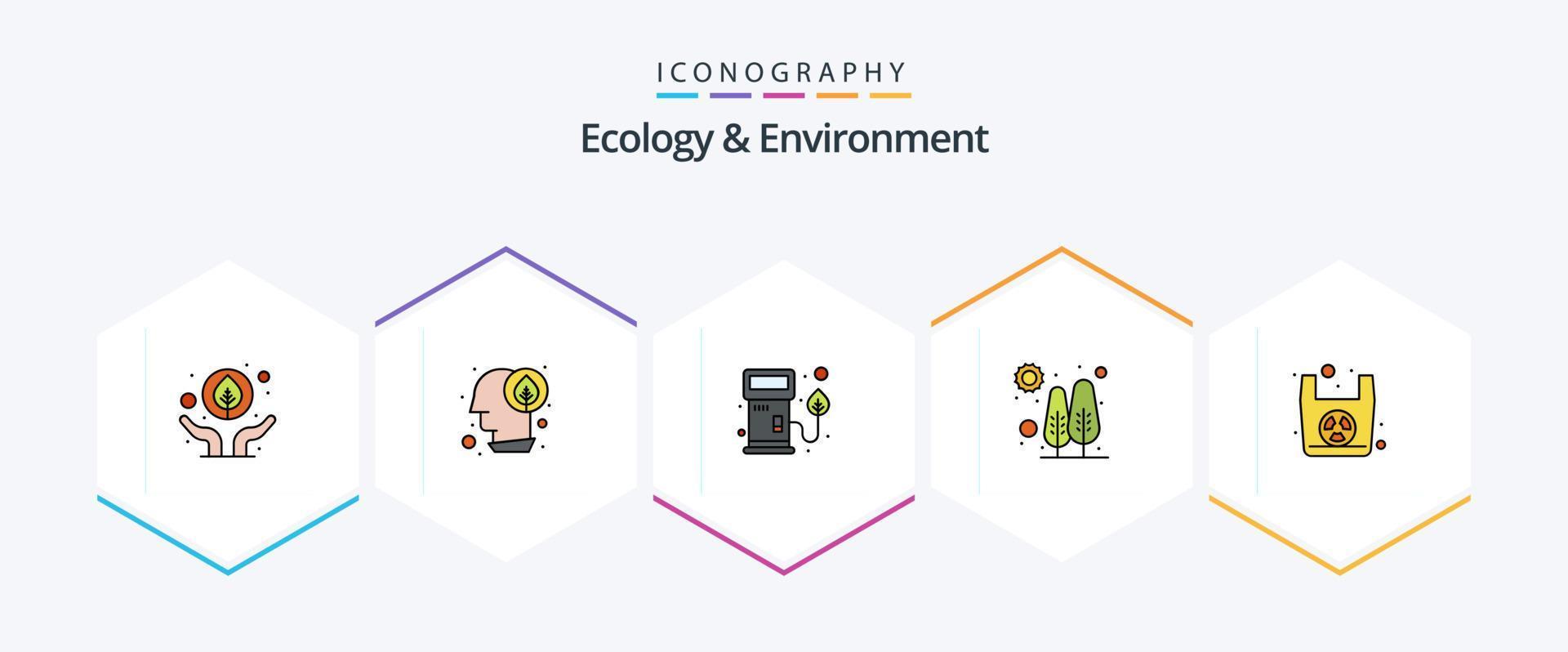 ecologie en milieu 25 gevulde lijn icoon pak inclusief papier tas. zon. mondstuk. fabriek. groei vector