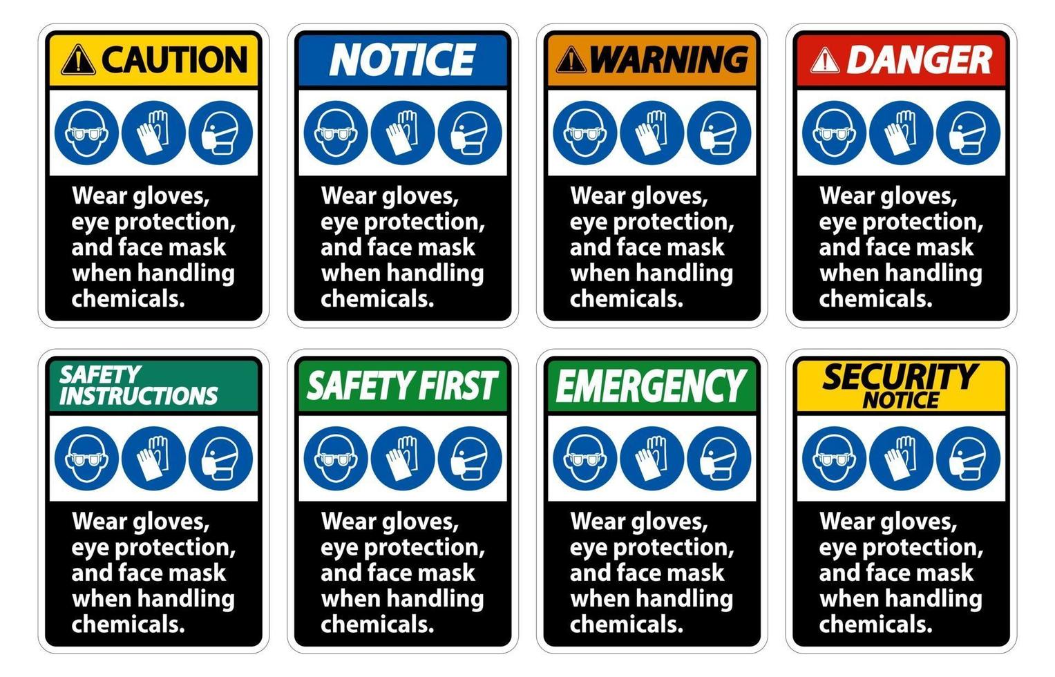 draag handschoenen, oogbescherming en het teken van het gezichtsmasker isoleren op witte achtergrond vector