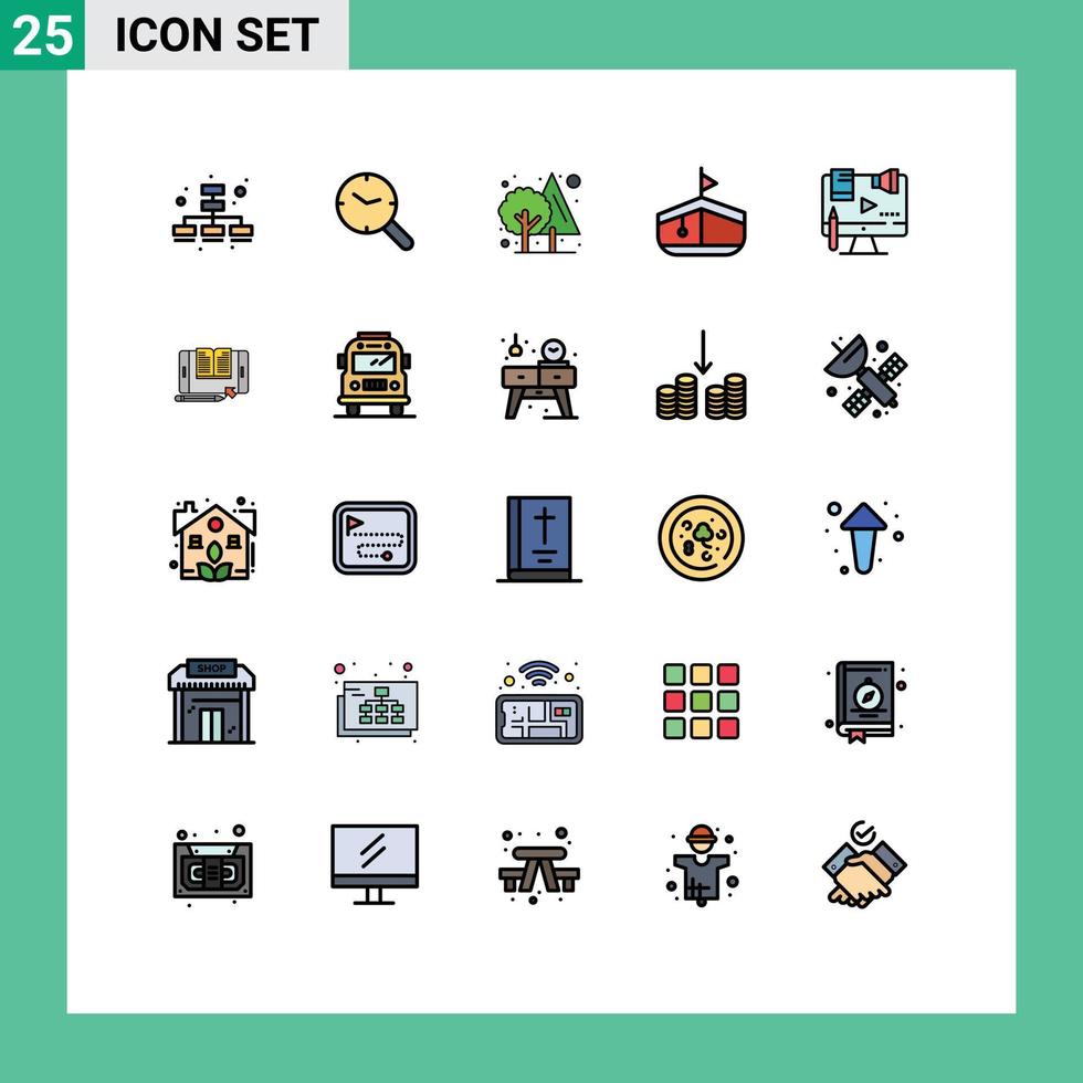 25 universeel gevulde lijn vlak kleur tekens symbolen van digitaal inhoud oerwoud bedrijf vervoer bewerkbare vector ontwerp elementen