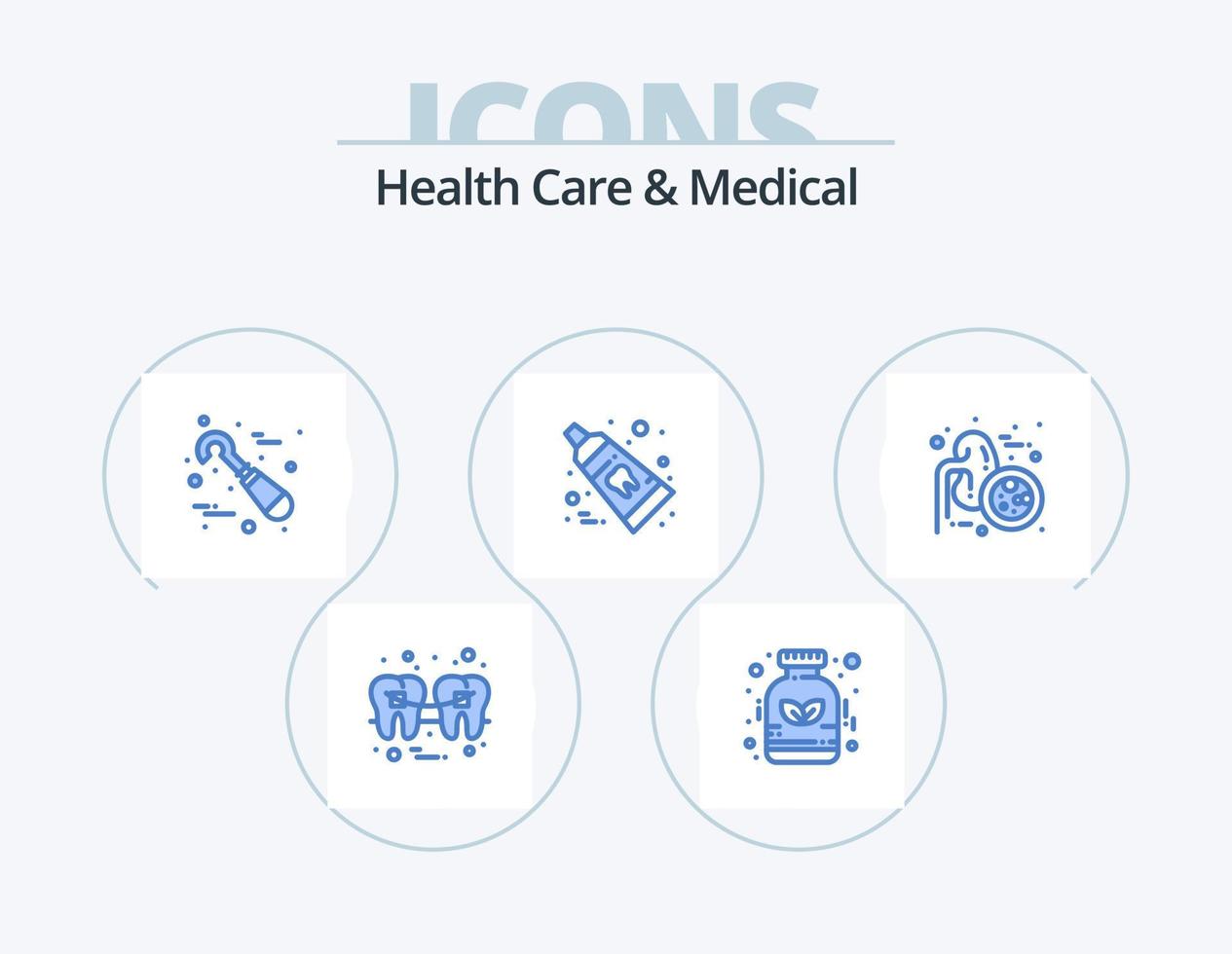 Gezondheid zorg en medisch blauw icoon pak 5 icoon ontwerp. longen ziekte. tand. geneesmiddel. schoon. gereedschap vector