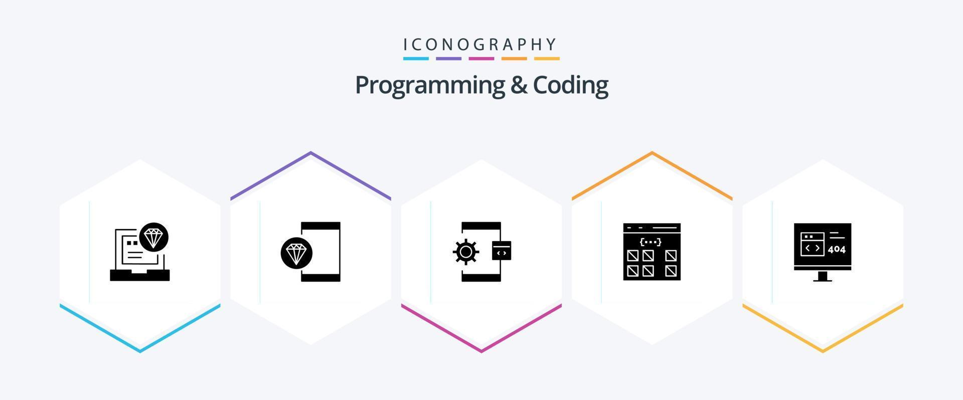 programmering en codering 25 glyph icoon pak inclusief ontwikkelen. app. ontwikkeling. werkwijze. ontwikkelen vector