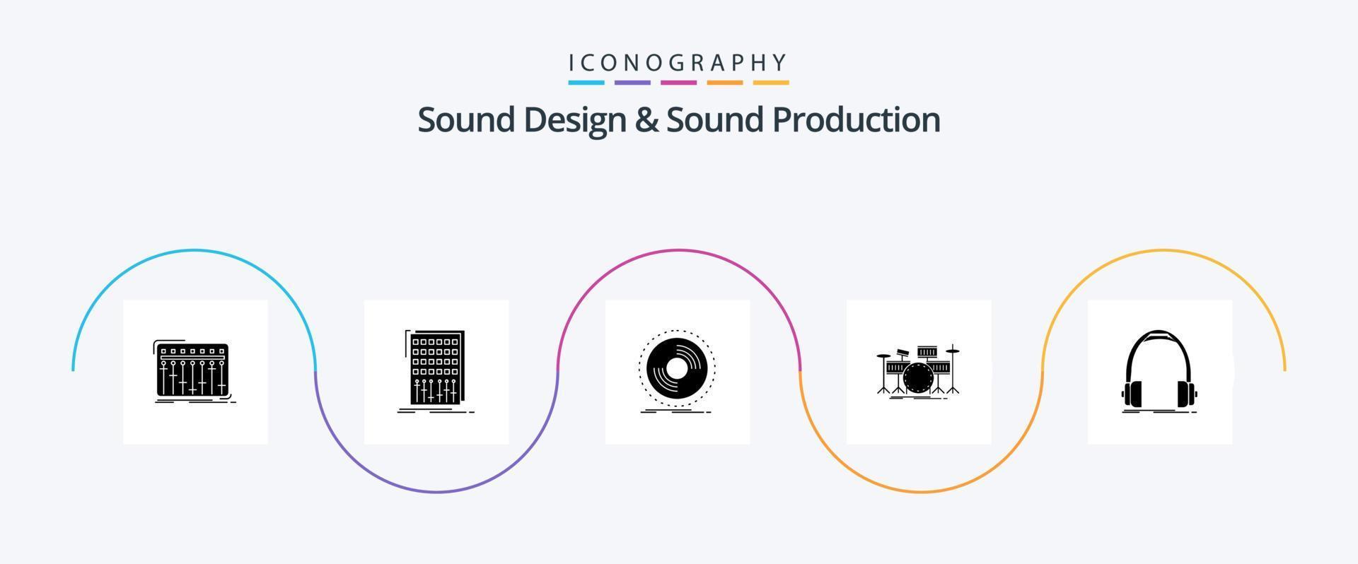 geluid ontwerp en geluid productie glyph 5 icoon pak inclusief instrument. trommel. mixer. vinyl. fonograaf vector