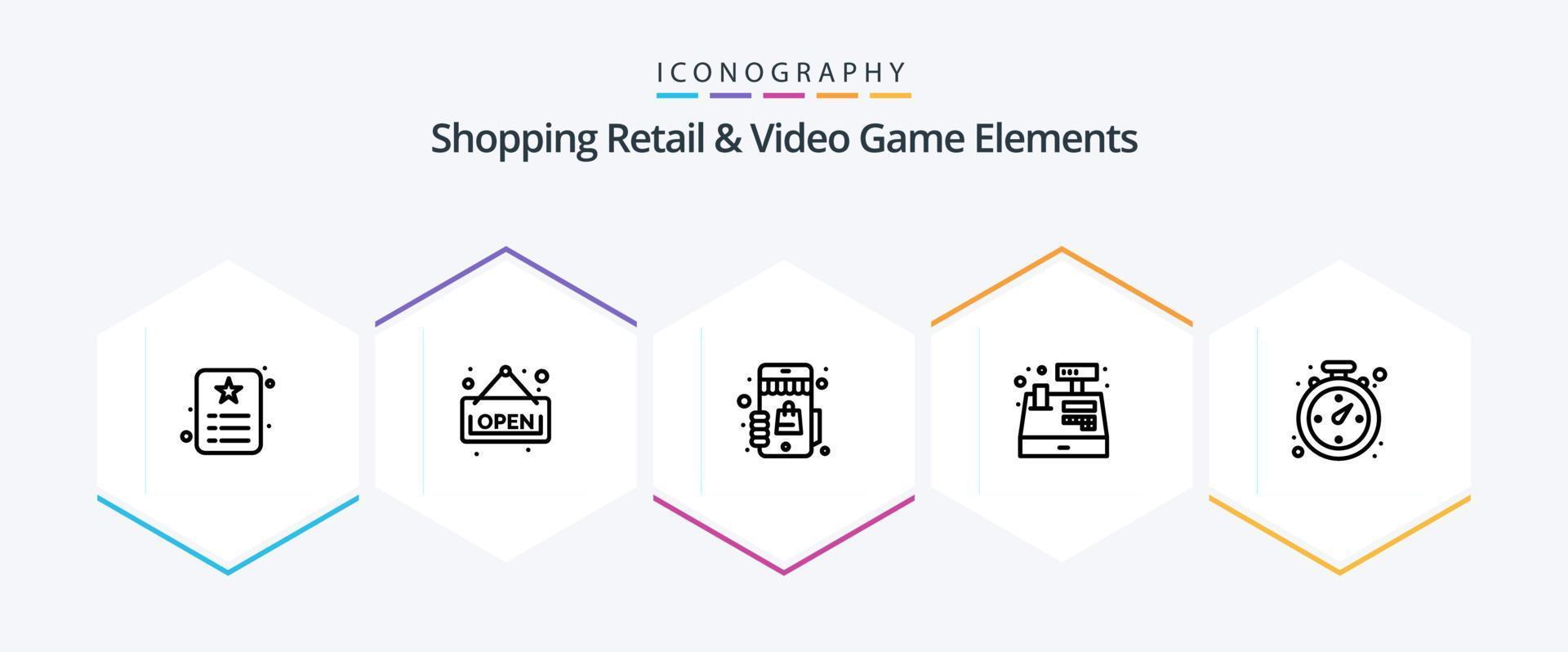 winkelen kleinhandel en video spel elementen 25 lijn icoon pak inclusief navigatie. winkelen. marktplaats. register. contant geld vector