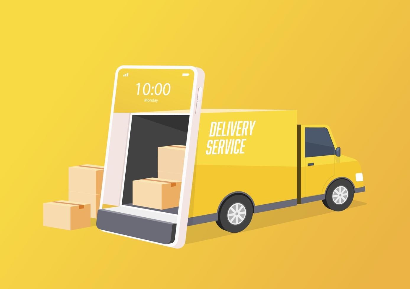 bestelwagen opent de deur vanuit het gsm-scherm. online bezorgserviceconcept. slimme logistiek, vrachtverzending en vrachtvervoer. vector