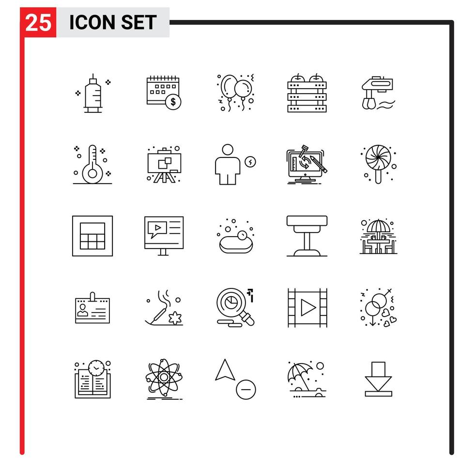 mobiel koppel lijn reeks van 25 pictogrammen van voedsel krat tijd appel partij bewerkbare vector ontwerp elementen