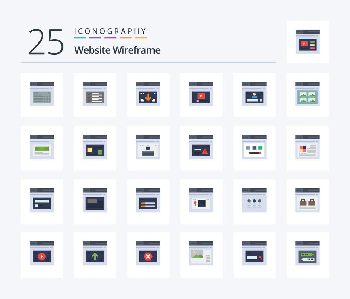 website wireframe 25 vlak kleur icoon pak inclusief web. internetten. website. video. web vector