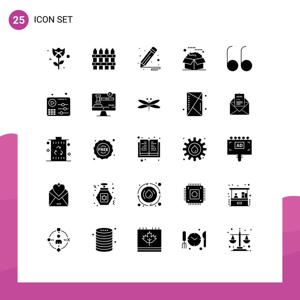 pictogram reeks van 25 gemakkelijk solide glyphs van audio Open ontwerp onderhoud Product bewerkbare vector ontwerp elementen