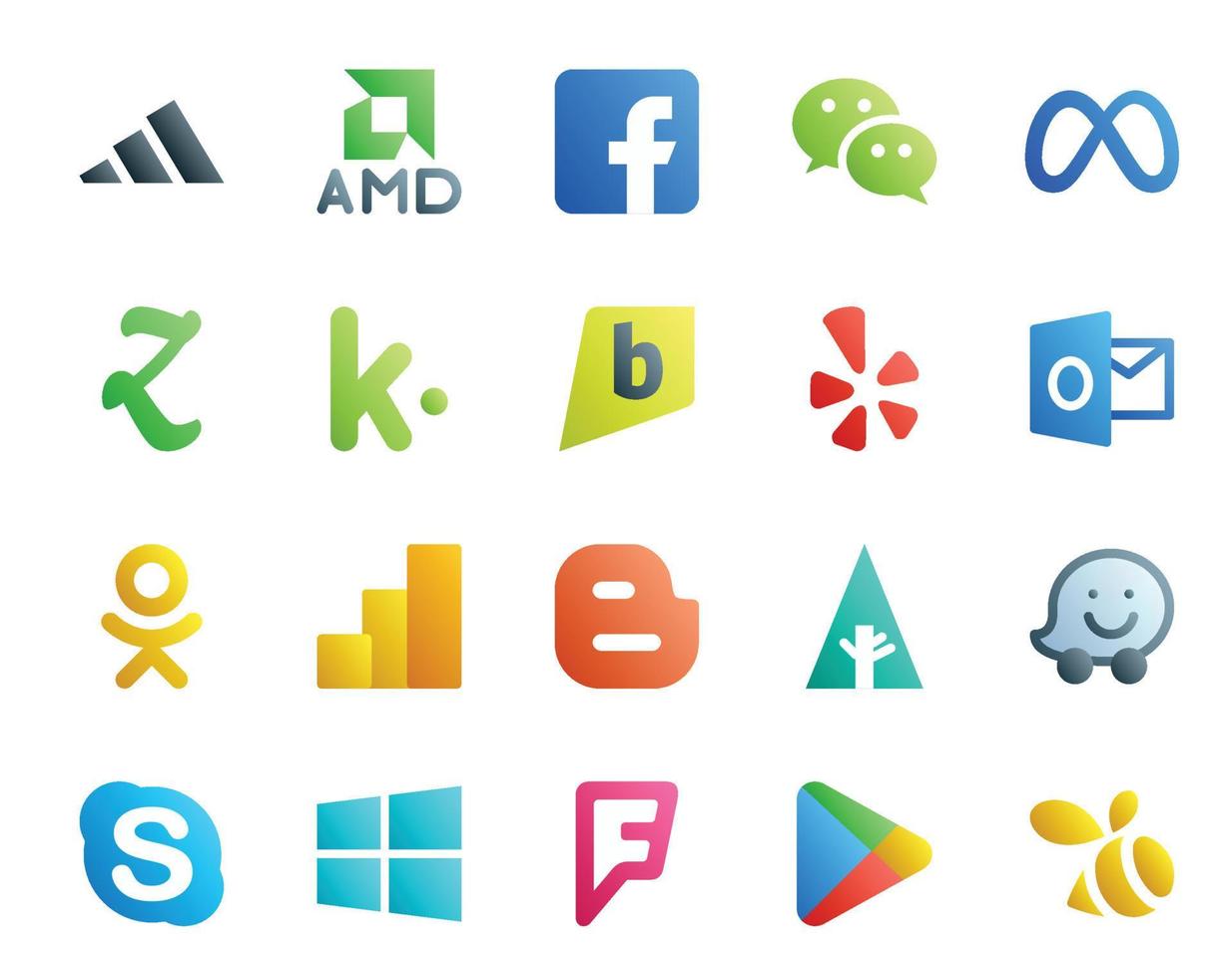 20 sociaal media icoon pak inclusief skype eerste kik blogger odnoklassniki vector
