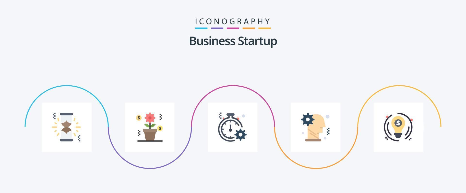 bedrijf opstarten vlak 5 icoon pak inclusief lamp. mechanisme. klok. Mens. hersenen vector
