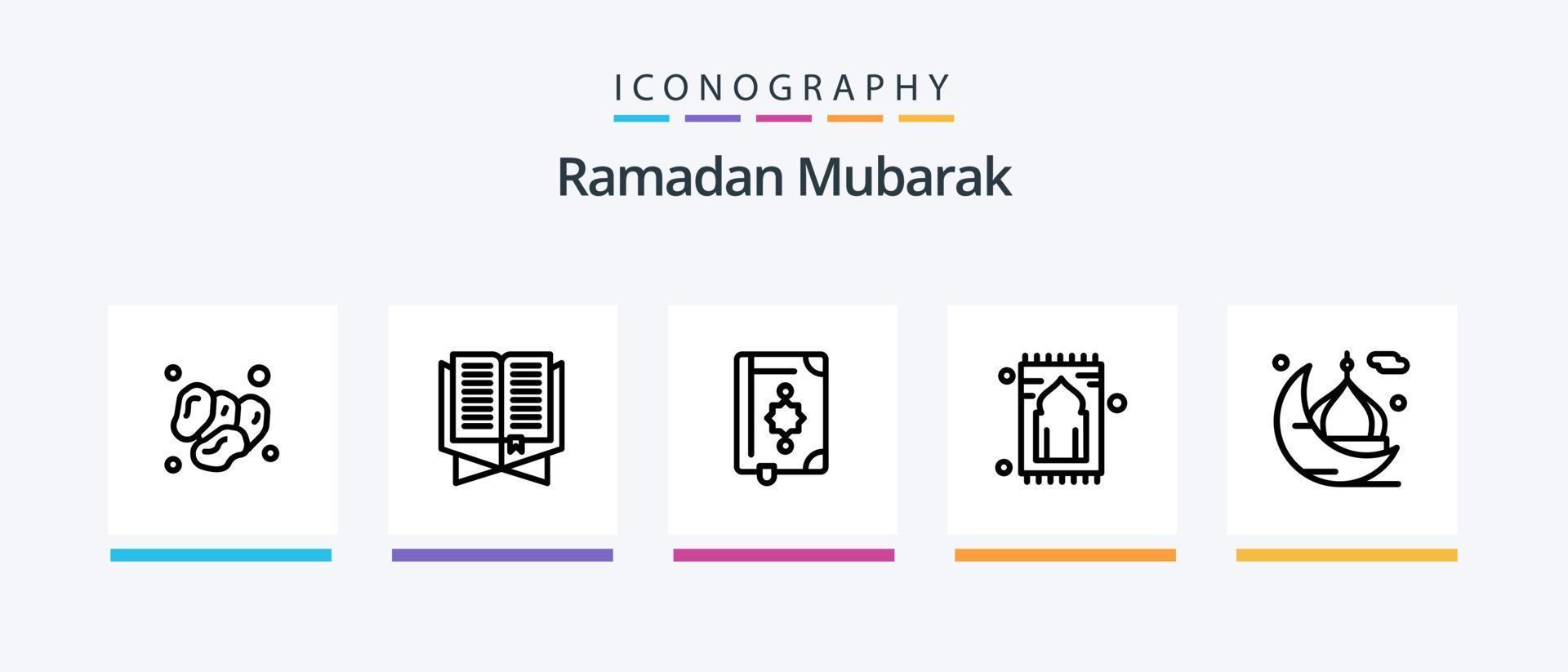 Ramadan lijn 5 icoon pak inclusief lamp. lantaarn. maan. namaz. tapijt. creatief pictogrammen ontwerp vector