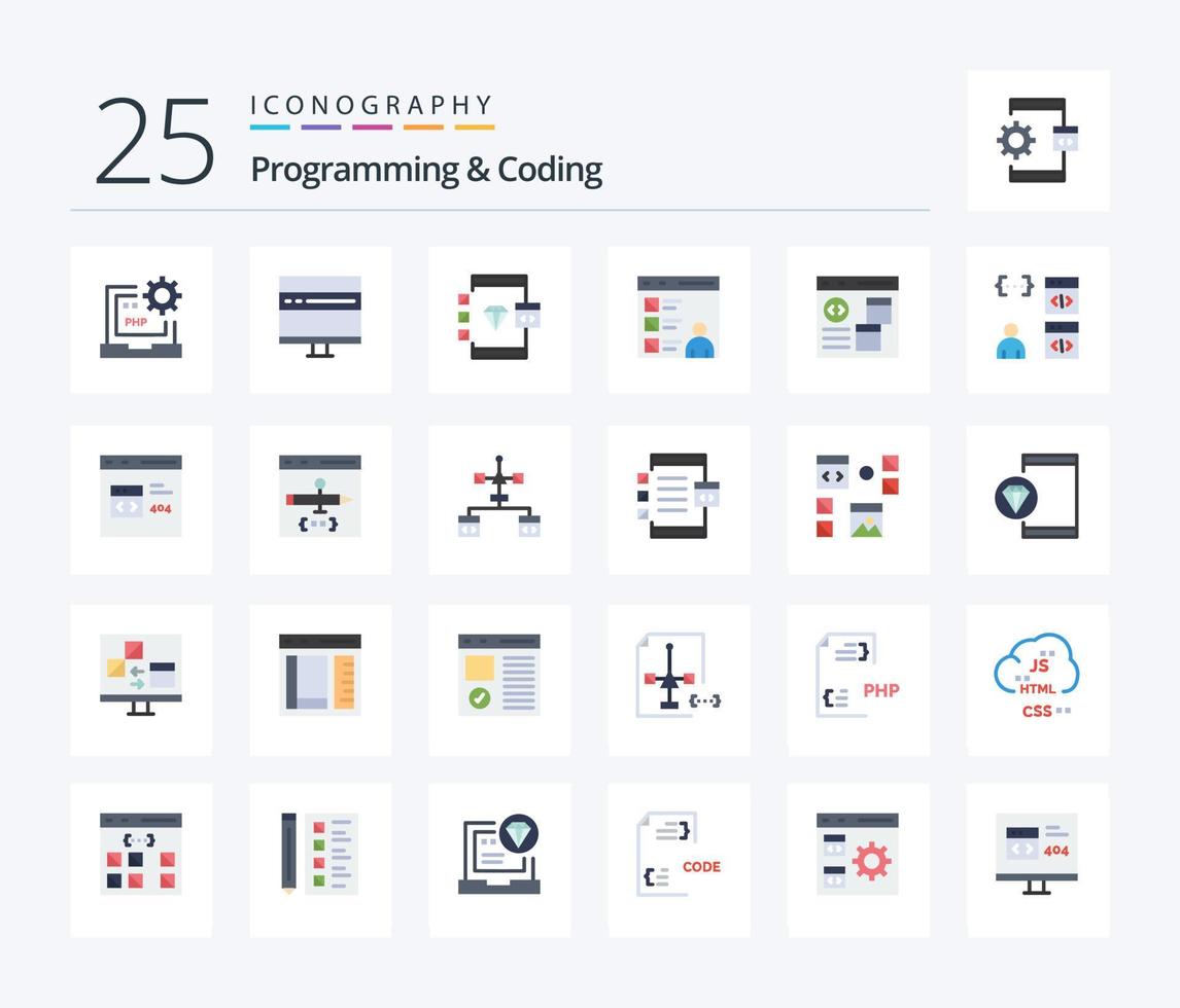 programmering en codering 25 vlak kleur icoon pak inclusief ontwikkelen. app. ontwikkeling. ontwikkeling. codering vector