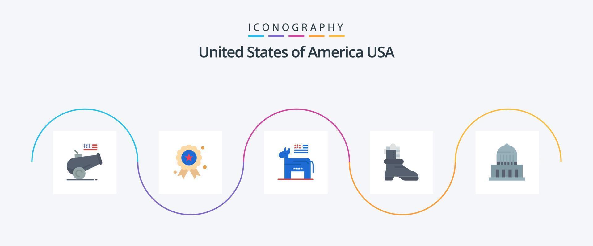 Verenigde Staten van Amerika vlak 5 icoon pak inclusief mijlpaal. gebouw. ezel. Amerikaans. shose vector