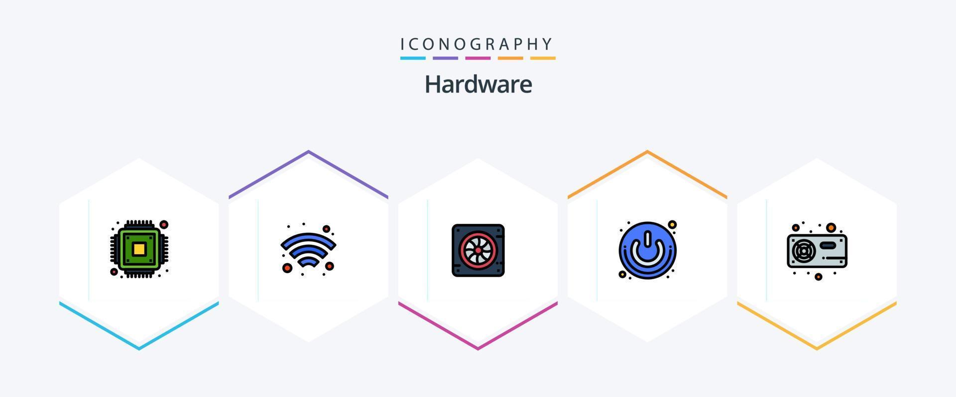 hardware 25 gevulde lijn icoon pak inclusief hardware. computer. fan. schakelaar. macht knop vector