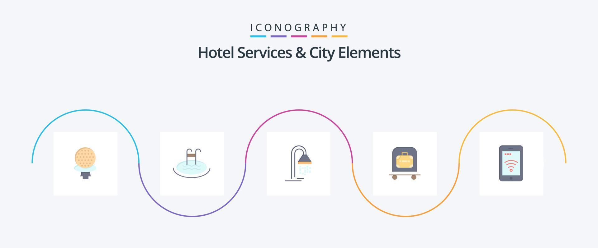 hotel Diensten en stad elementen vlak 5 icoon pak inclusief teken . tas. badkamer. karretje. hotel vector