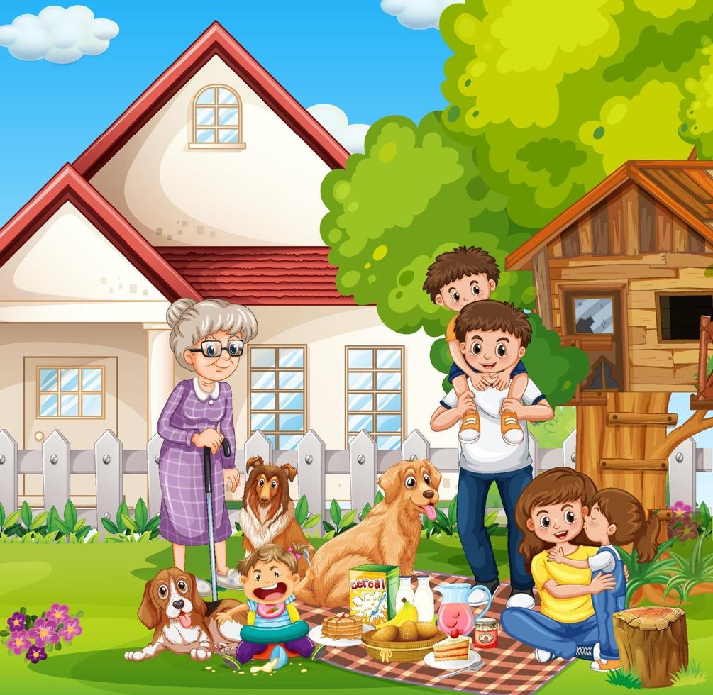 gelukkige familie die zich buiten huis met hun huisdieren bevindt vector