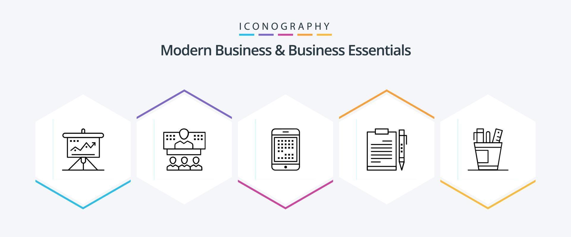 modern bedrijf en bedrijf essentials 25 lijn icoon pak inclusief ipad. apparaat. bedrijf. computer. online vector