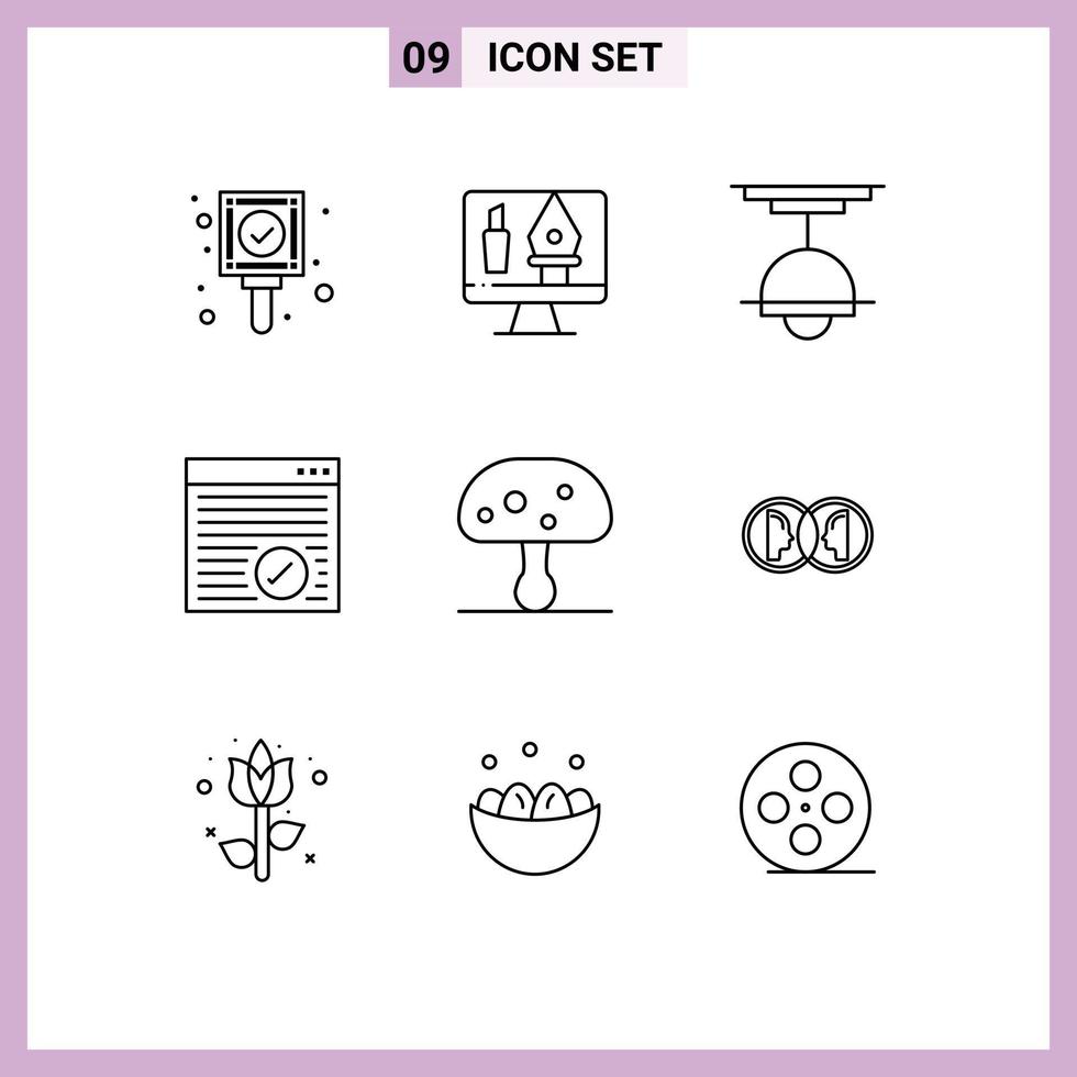 modern reeks van 9 contouren pictogram van paddestoel online decor internet licht bewerkbare vector ontwerp elementen