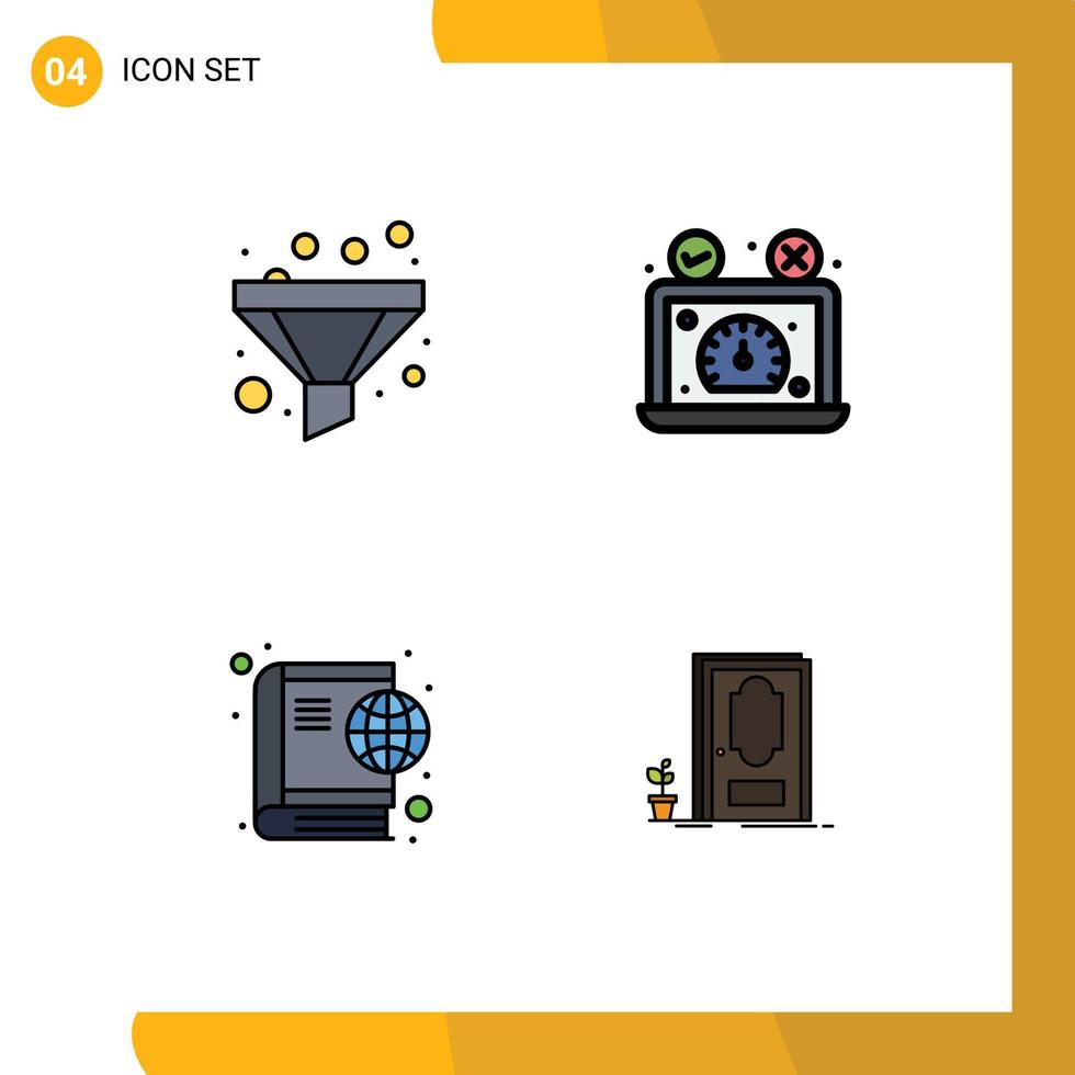 groep van 4 gevulde lijn vlak kleuren tekens en symbolen voor filter wereldbol snelheid test snelheidsmeter online bewerkbare vector ontwerp elementen
