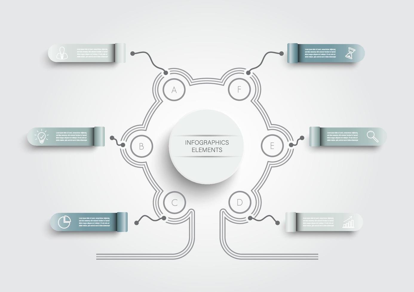 vector infographic sjabloon met 3D-papieren label, geïntegreerde kringen. bedrijfsconcept met 6 opties. voor inhoud, diagram, stroomdiagram, stappen, onderdelen, tijdlijninfographics, workflow, grafiek.