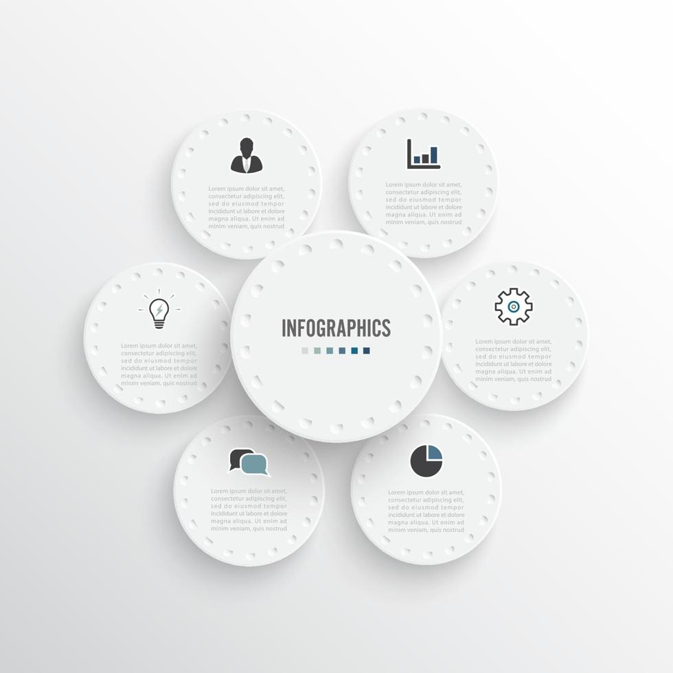 zakelijke infographics met cirkels sjabloonontwerp met pictogrammen en 6 opties. sjabloon voor brochure, business, webdesign. vector