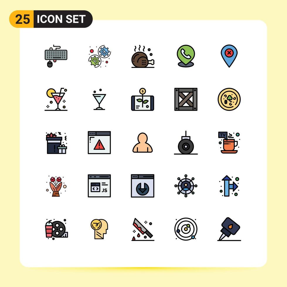 25 universeel gevulde lijn vlak kleuren reeks voor web en mobiel toepassingen plaats kaart kip telefoon maaltijd bewerkbare vector ontwerp elementen