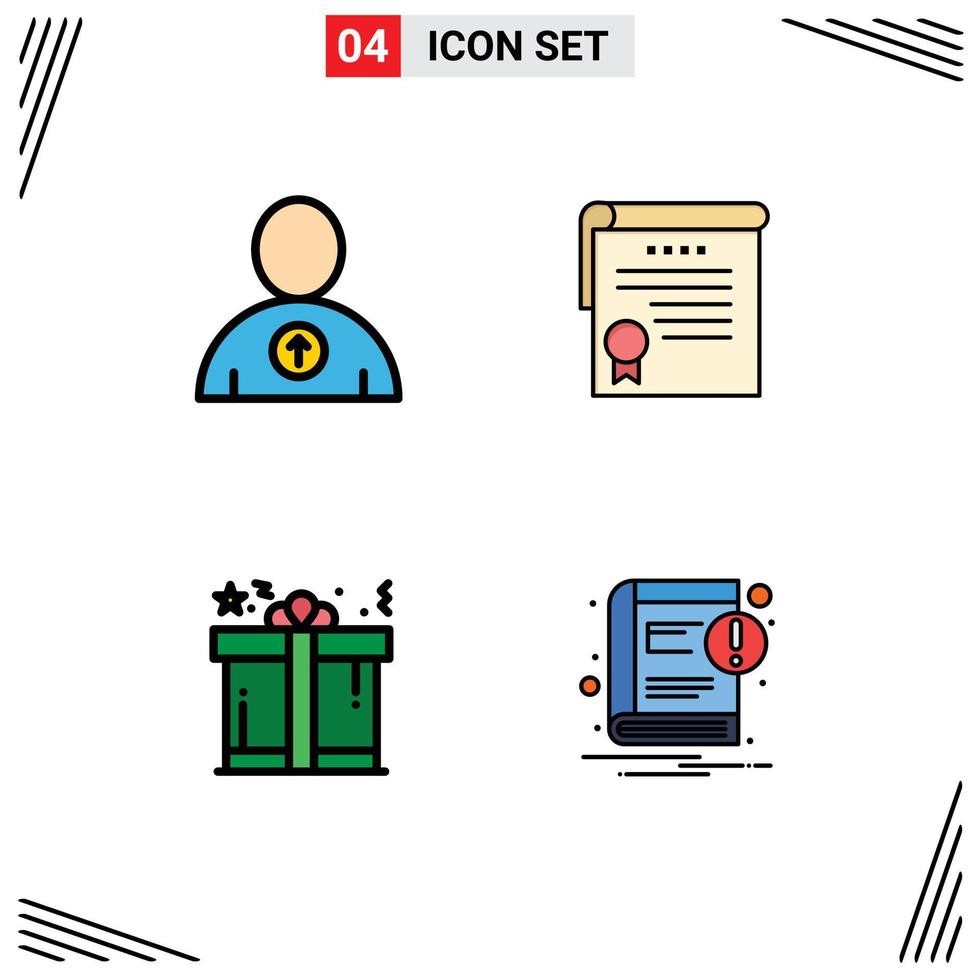 universeel icoon symbolen groep van 4 modern gevulde lijn vlak kleuren van avatar geschenk certificaat prijs boek bewerkbare vector ontwerp elementen