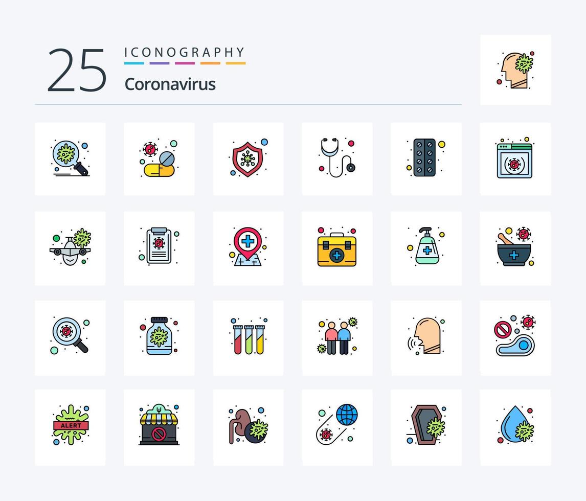 coronavirus 25 lijn gevulde icoon pak inclusief tablet. medisch. zorg. gezondheidszorg. virus vector