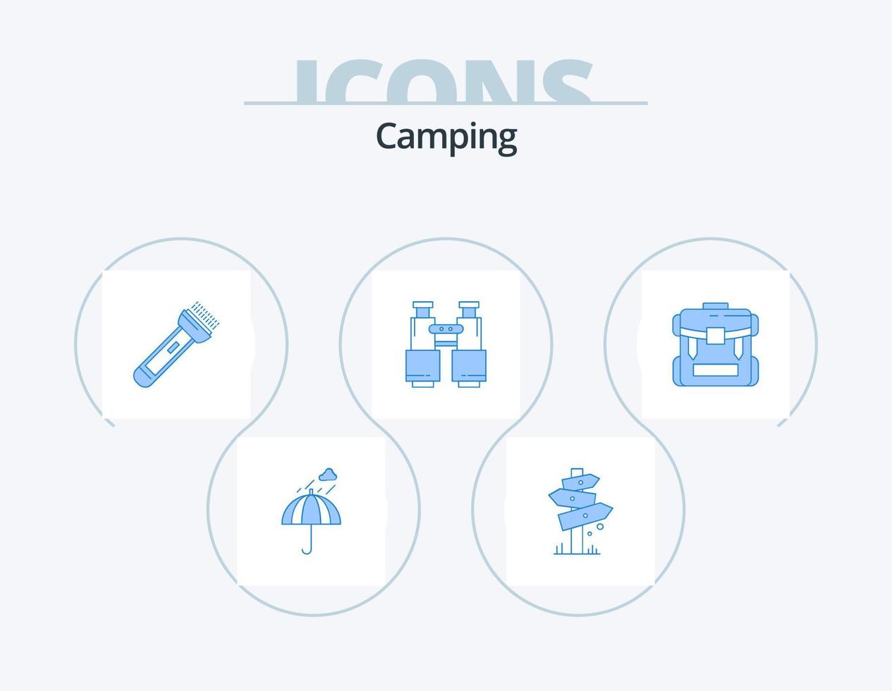 camping blauw icoon pak 5 icoon ontwerp. zoeken. verrekijker. teken. hiking. flash vector