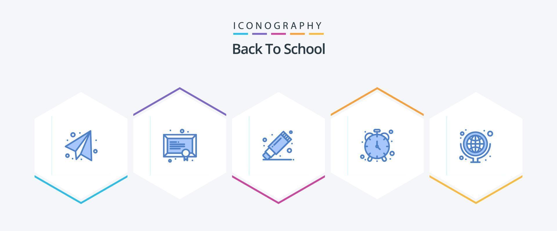 terug naar school- 25 blauw icoon pak inclusief kaart. geografie. verwijderaar. uurwerk. klok vector