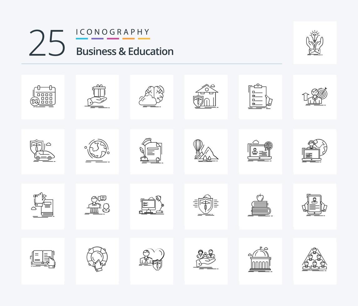 bedrijf en onderwijs 25 lijn icoon pak inclusief huis. verzekering. idee. inspiratie. idee vector