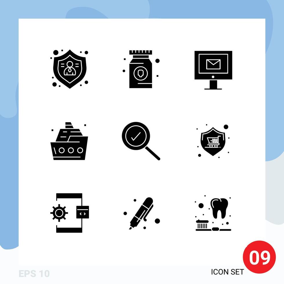 modern reeks van 9 solide glyphs pictogram van compleet schip computer zee reis bewerkbare vector ontwerp elementen