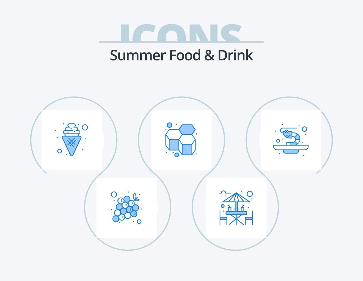 zomer voedsel en drinken blauw icoon pak 5 icoon ontwerp. garnaal. honingraat. zittend Oppervlakte. honing. zoet vector