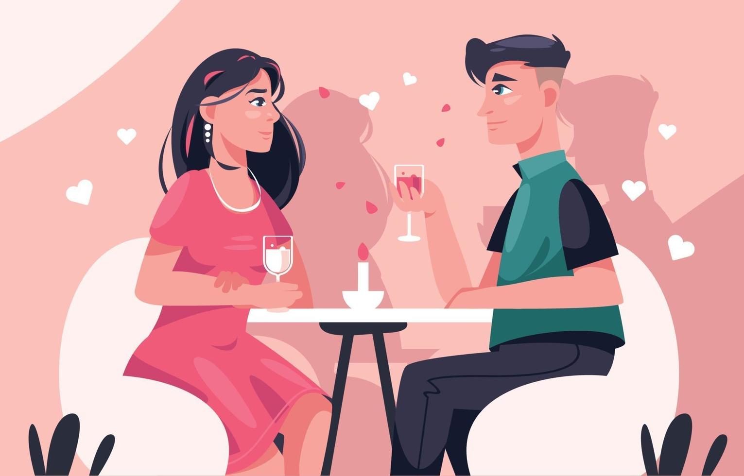 een gelukkig stel met een romantisch diner op Valentijnsdag in het restaurant vector