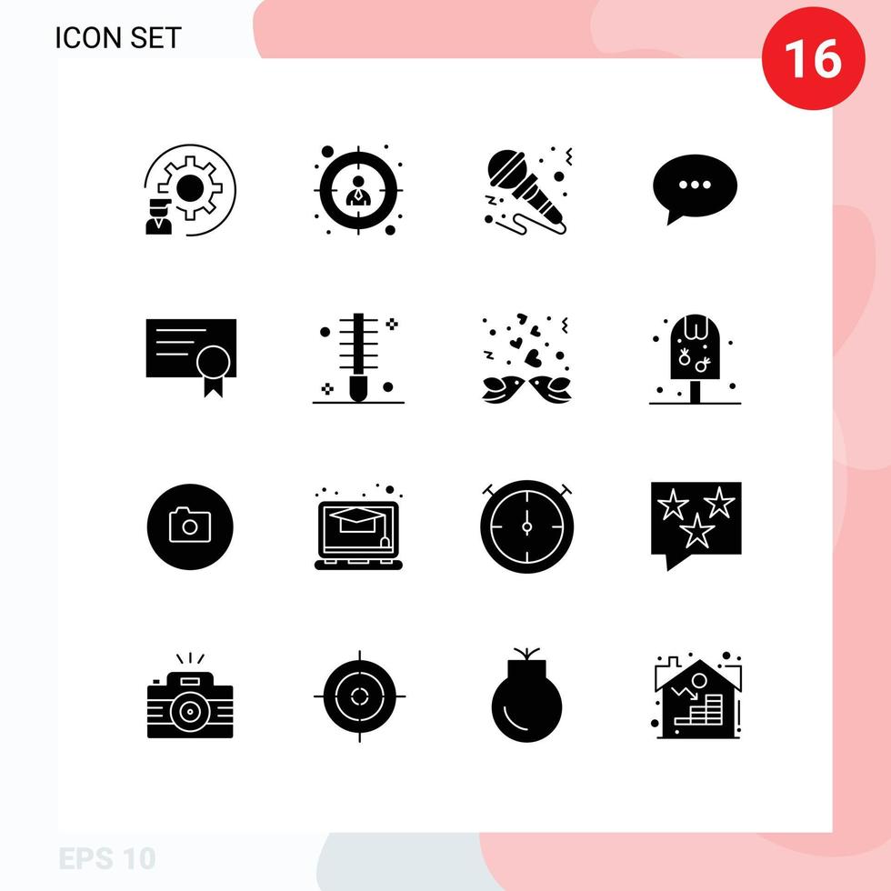 modern reeks van 16 solide glyphs pictogram van certificaat berichten microfoon gesprek instrument bewerkbare vector ontwerp elementen