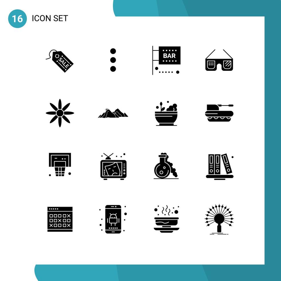 modern reeks van 16 solide glyphs pictogram van decoratie Verenigde Staten van Amerika voedsel en drinken amerikaans zonnebril bewerkbare vector ontwerp elementen