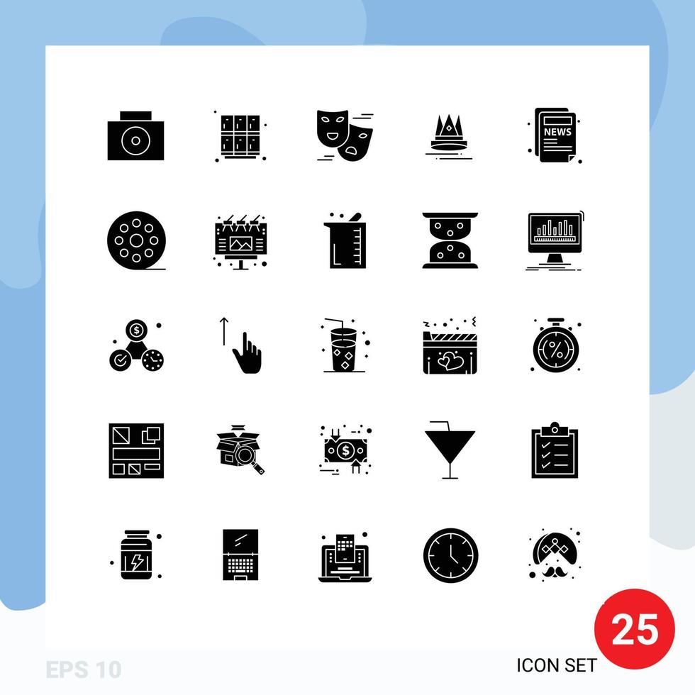 25 solide glyph concept voor websites mobiel en apps nieuws artikel komedie afzet inhoud bewerkbare vector ontwerp elementen