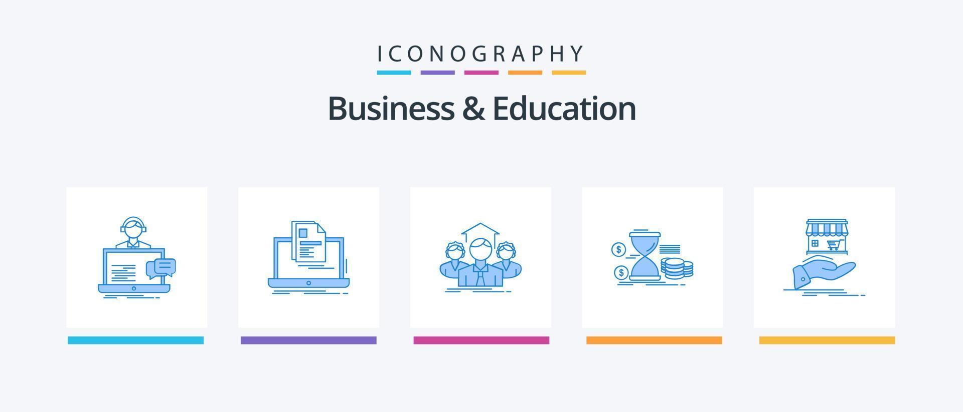 bedrijf en onderwijs blauw 5 icoon pak inclusief geld. zandloper. afdrukken. ontmoeting. teamwerk. creatief pictogrammen ontwerp vector