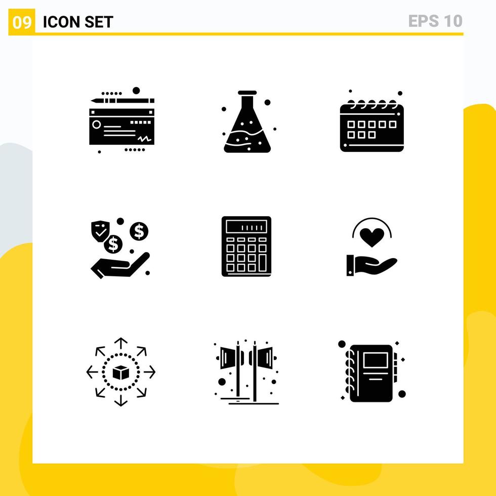groep van 9 modern solide glyphs reeks voor berekenen accounting afzet rekenmachine veiligheid bewerkbare vector ontwerp elementen