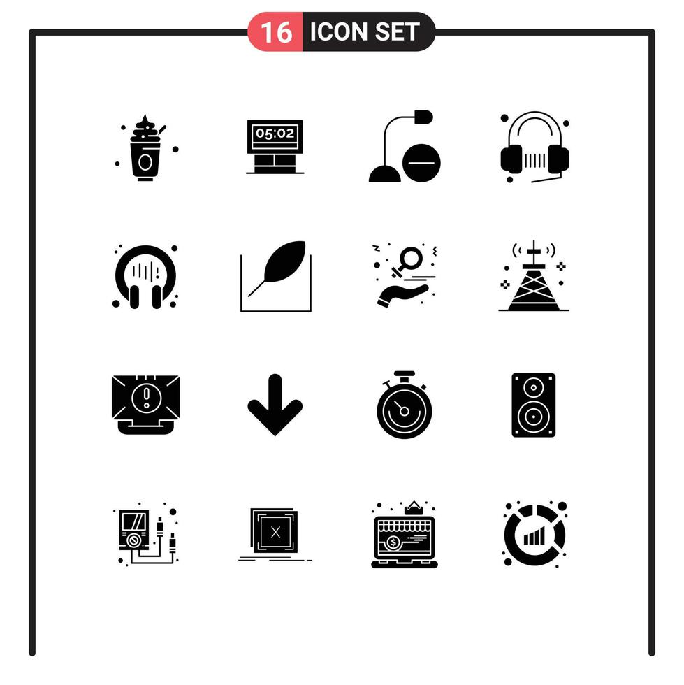 modern reeks van 16 solide glyphs pictogram van lied onderhoud computers koptelefoon microfoon bewerkbare vector ontwerp elementen