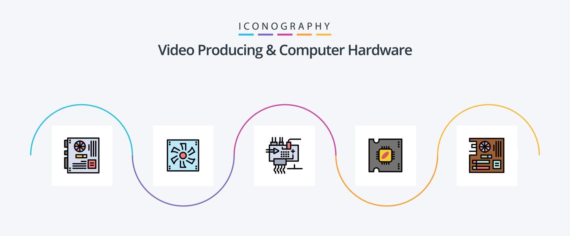 video produceren en computer hardware lijn gevulde vlak 5 icoon pak inclusief verwerker. processor. apparaat. onderdelen. elektronica vector