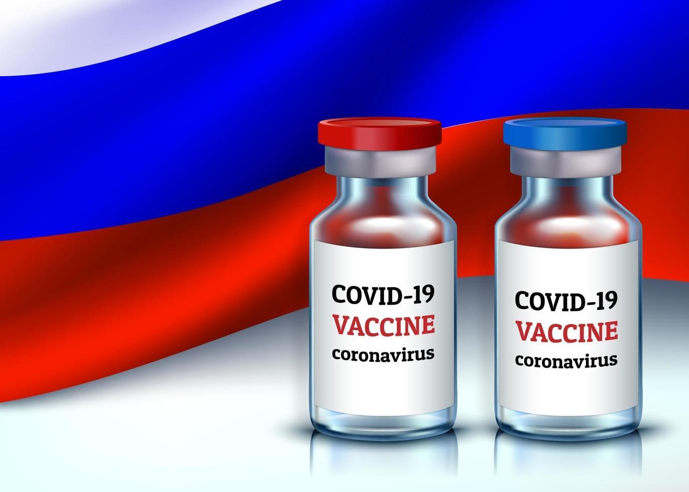 covid-19 coronavirus-vaccin. twee ampullen voor vaccinatie, met rode en blauwe dopjes tegen de achtergrond van de driekleurenvlag. 3D-realistische vectorillustratie. vector