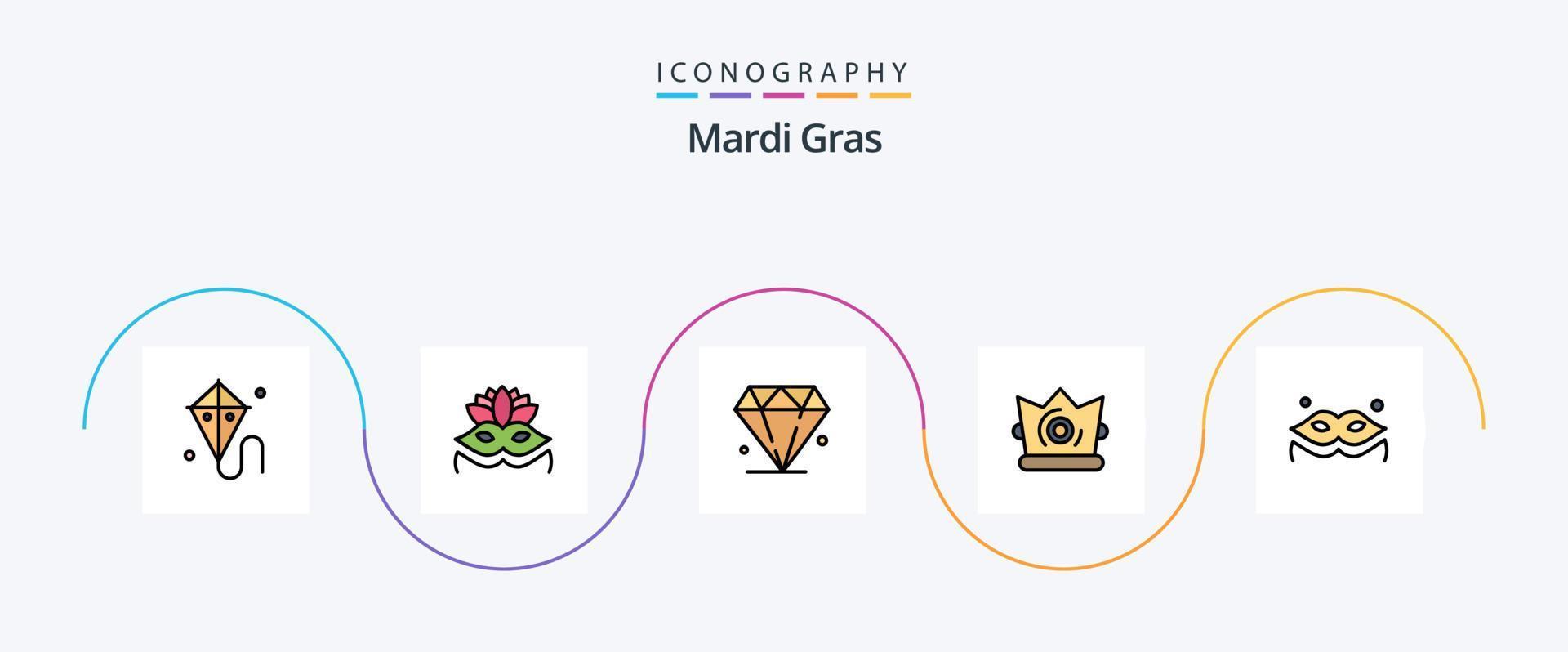 mardi gras lijn gevulde vlak 5 icoon pak inclusief . masker. juweel. kostuum. koning vector