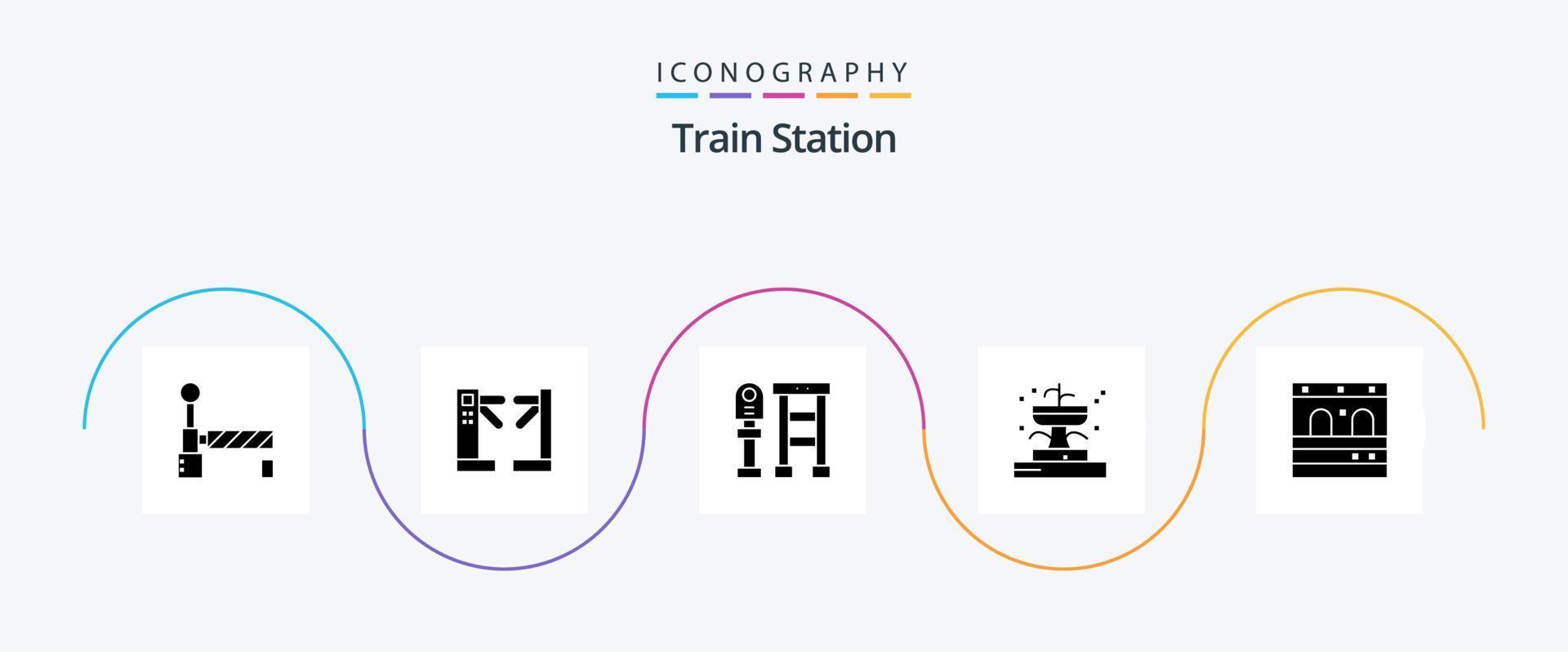 trein station glyph 5 icoon pak inclusief trein. deur. bus. park. fontein vector