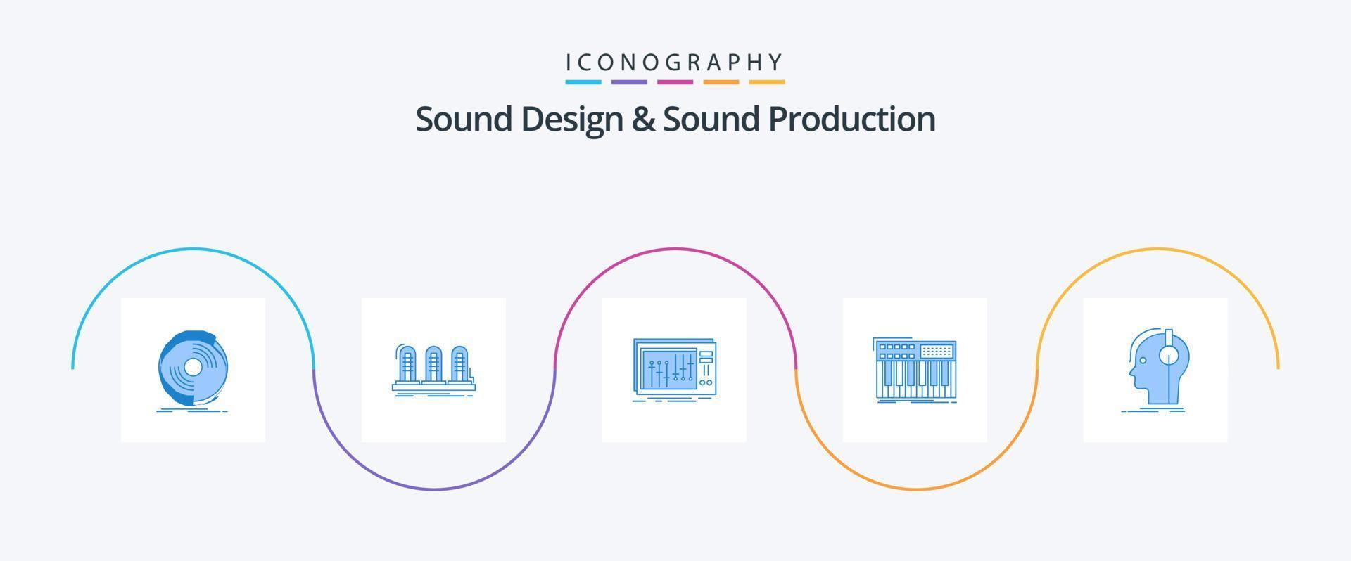 geluid ontwerp en geluid productie blauw 5 icoon pak inclusief toetsenbord. studio. geluid. muziek. dj vector